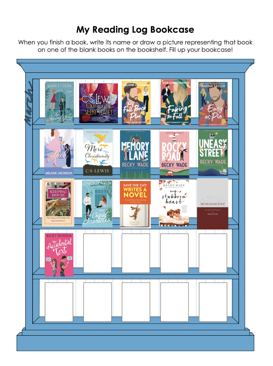 books read march to date , covers on a blue bookshelf graphic.